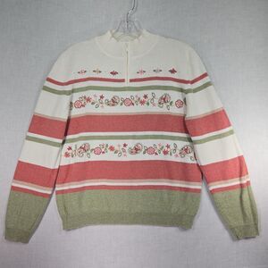 VTG Alfred Dunner Embroidered Floral Stripe Sweater 1/4 Zip Petite Med Beads